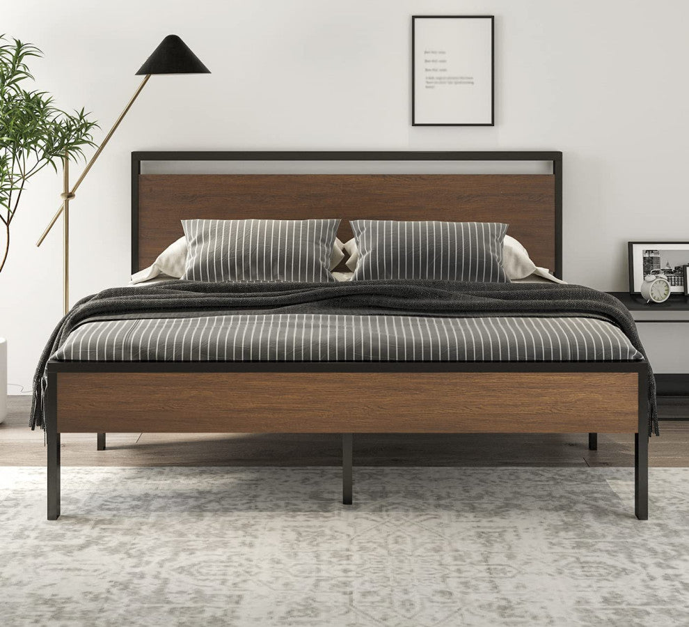 14 Inch Full Size Metal Platform Bed Frame with Wooden Headboard and Footboard