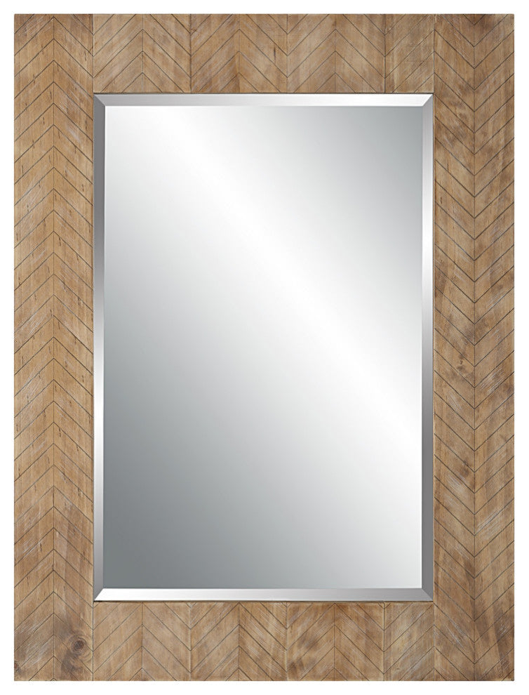 39 Inch Wood Frame Wall Mirror, Chevron Design, Brown