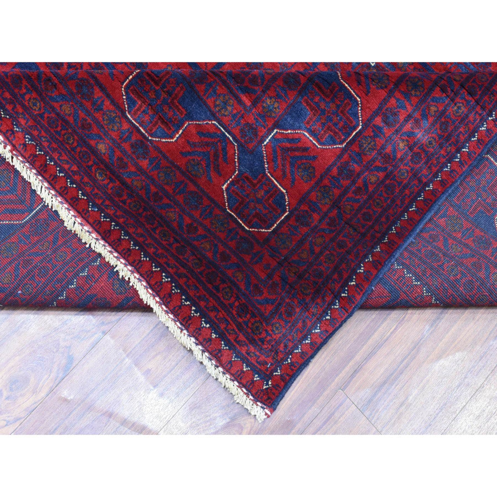 Red Hand Knotted Tribal Design Soft Wool Afghan Khamyab Oriental Rug, 9'8"x13'1"
