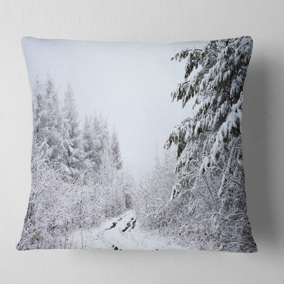 Frosted Forest Trail in Fall Landscape Photo Throw Pillow, 16"x16"