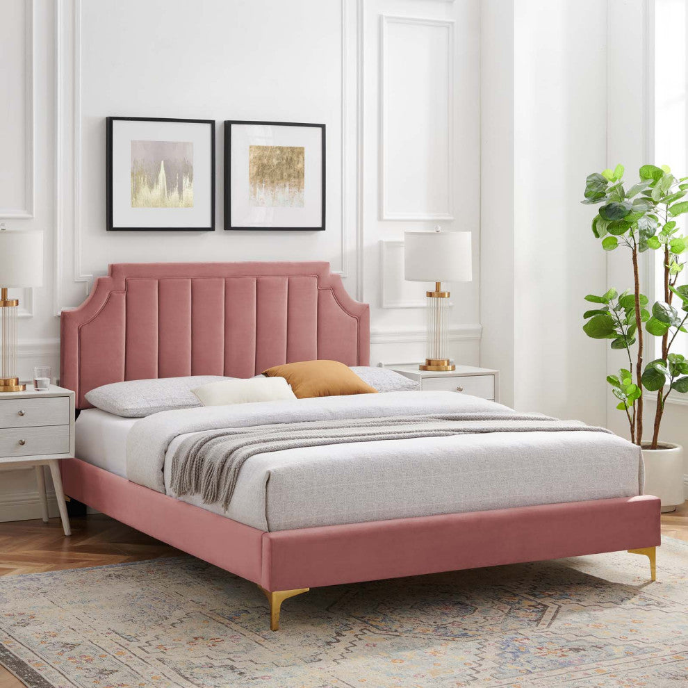 Platform Bed Frame, King Size, Velvet, Pink, Modern Contemporary, Bedroom Master