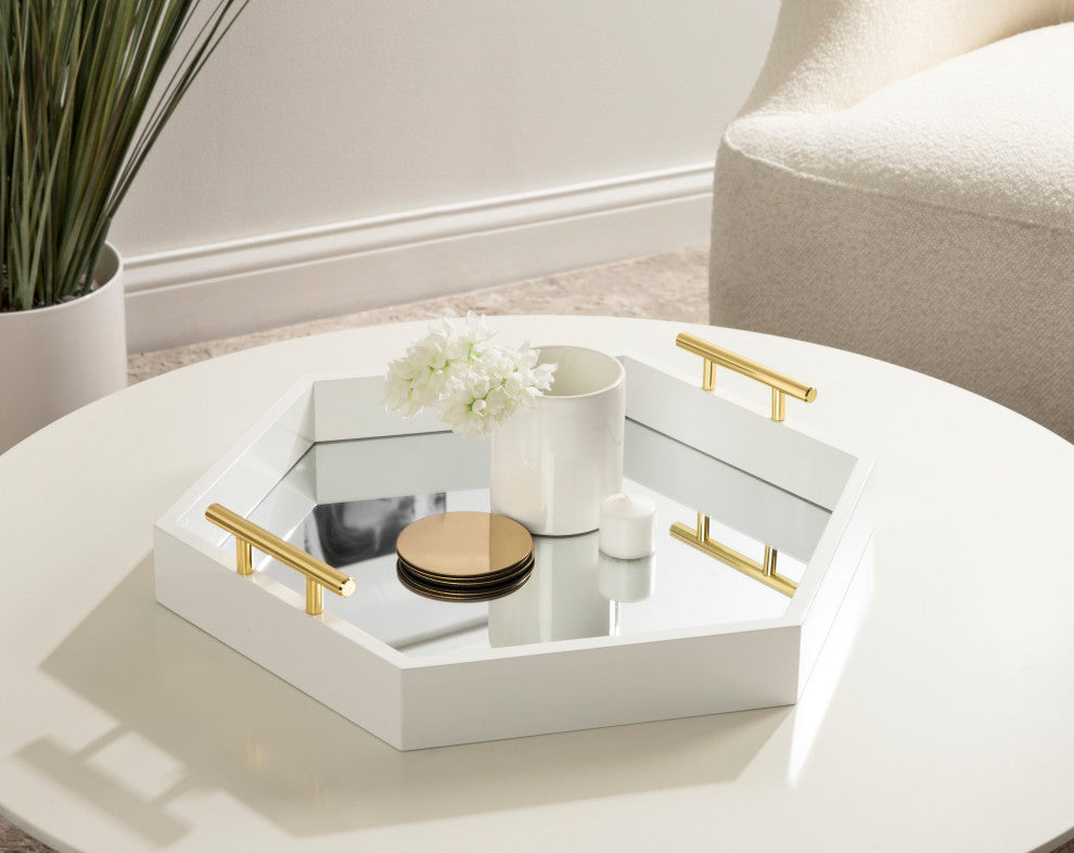 Lipton Hexagon Decorative Tray with Metal Handles, White/Mirror 18x18