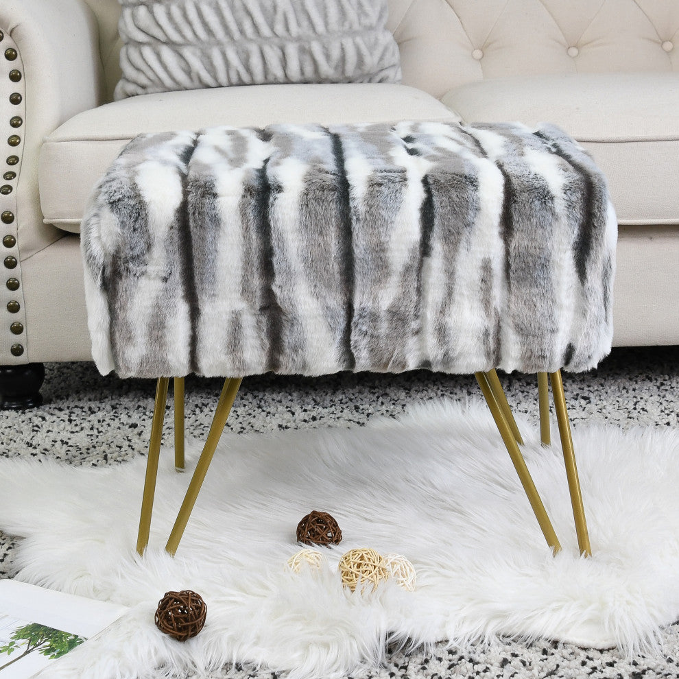 Multi Jacquard Faux Fur Ottoman, Grey, 19"x13"x7"