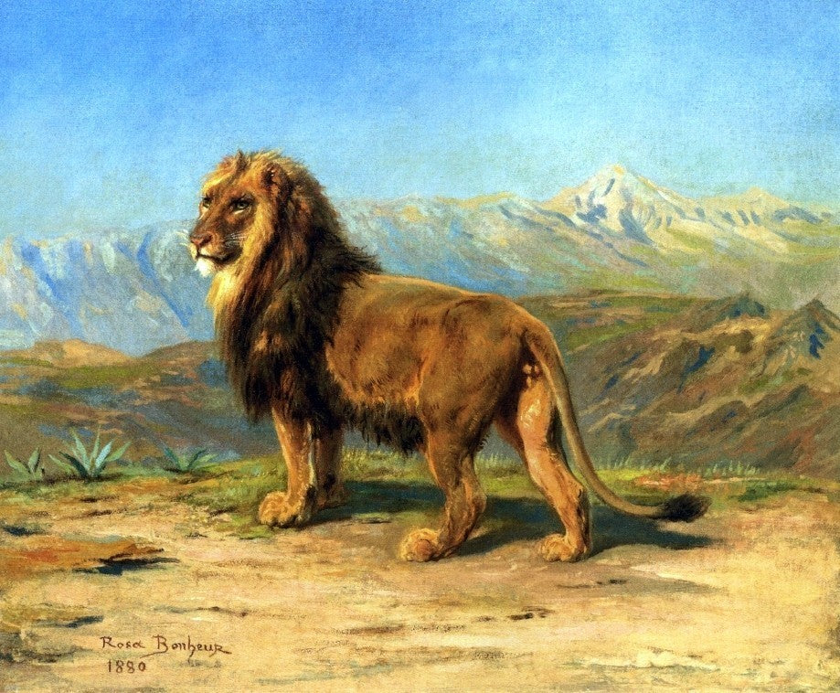 Rosa Bonheur Lion in a Mountainous Landscape - 20" x 25" Premium Canvas Print