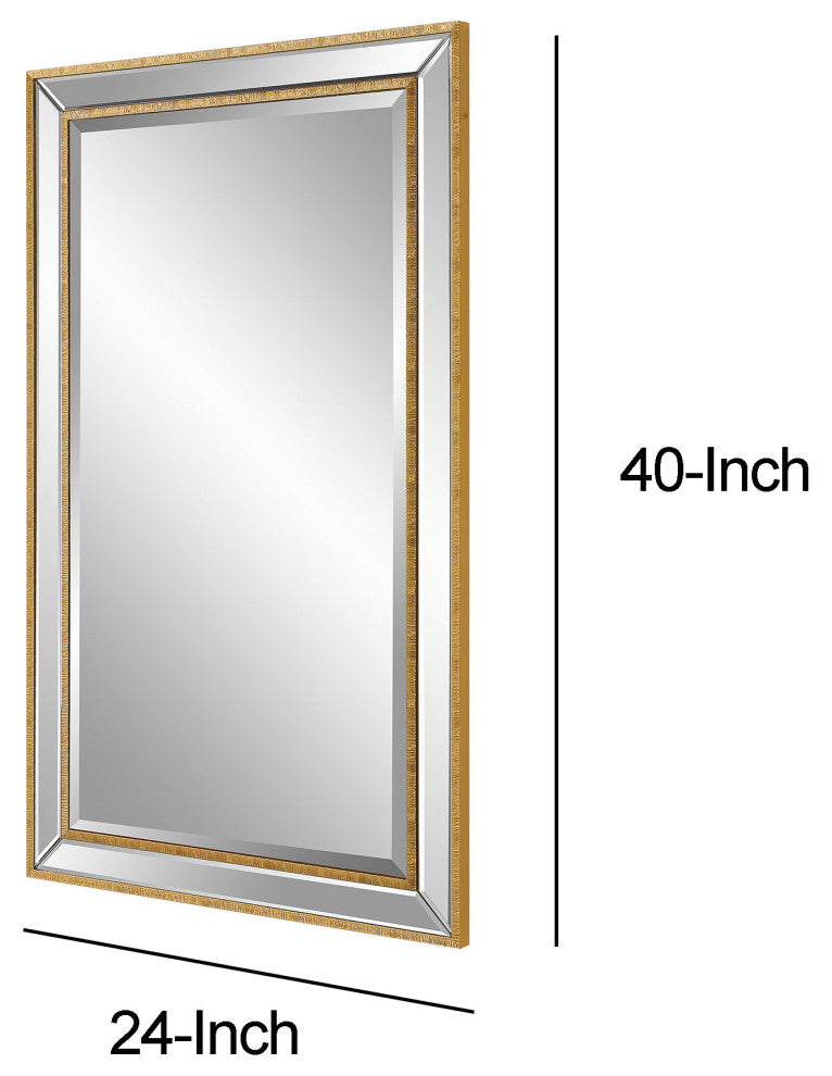 Benzara BM277046 40" Wood Rectangular Wall Mirror, Beveled Panel, Gold