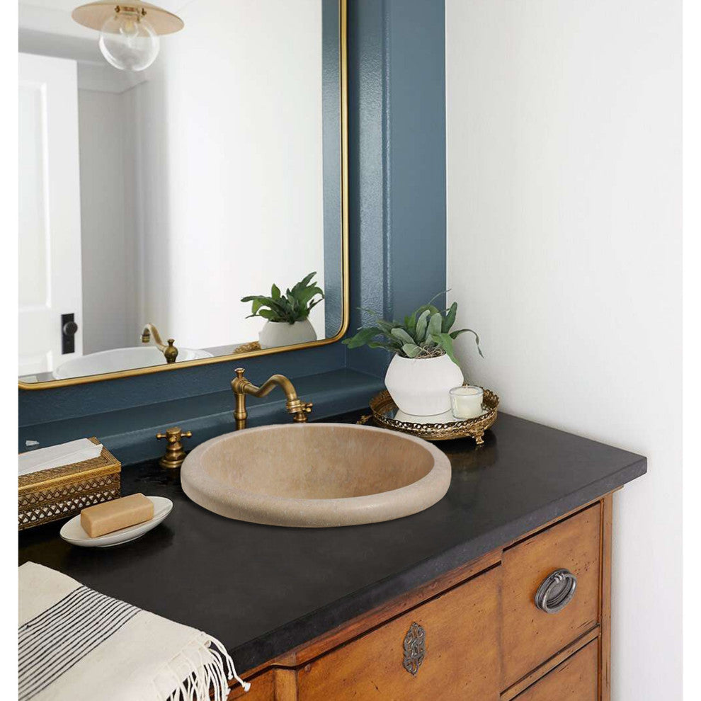 Natural Stone Light Travertine Drop-in Vessel Sink (D)14" (H)6"