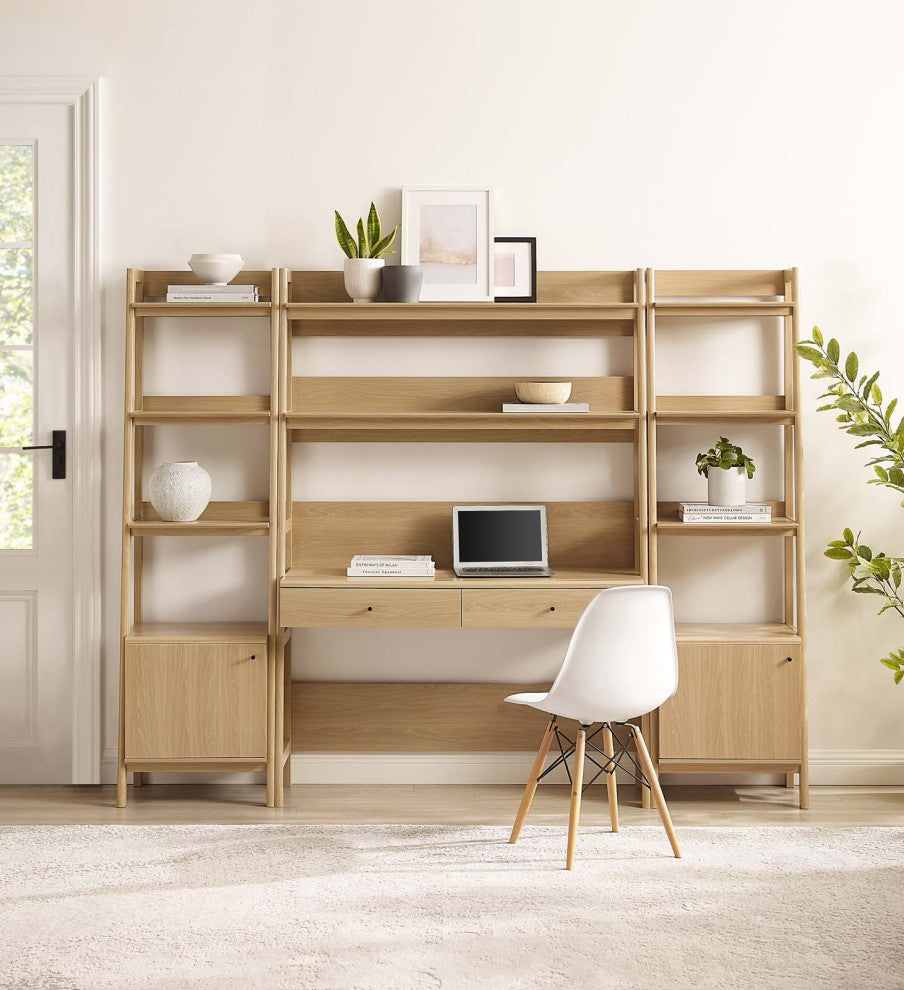 Bixby 3-Piece Wood Office Desk and Bookshelf, Oak