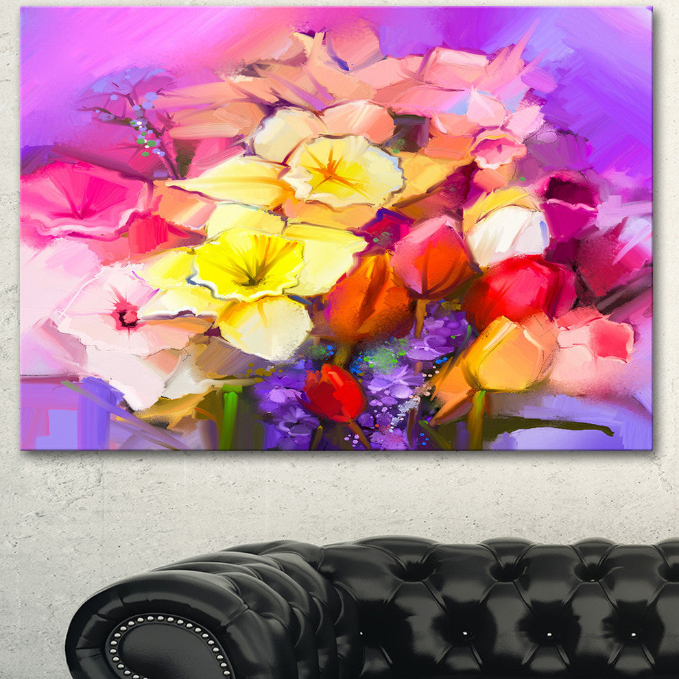 Bouquet of Daffodil and Tulip Flowers, Large Floral Canvas Art Print, 40"x30"