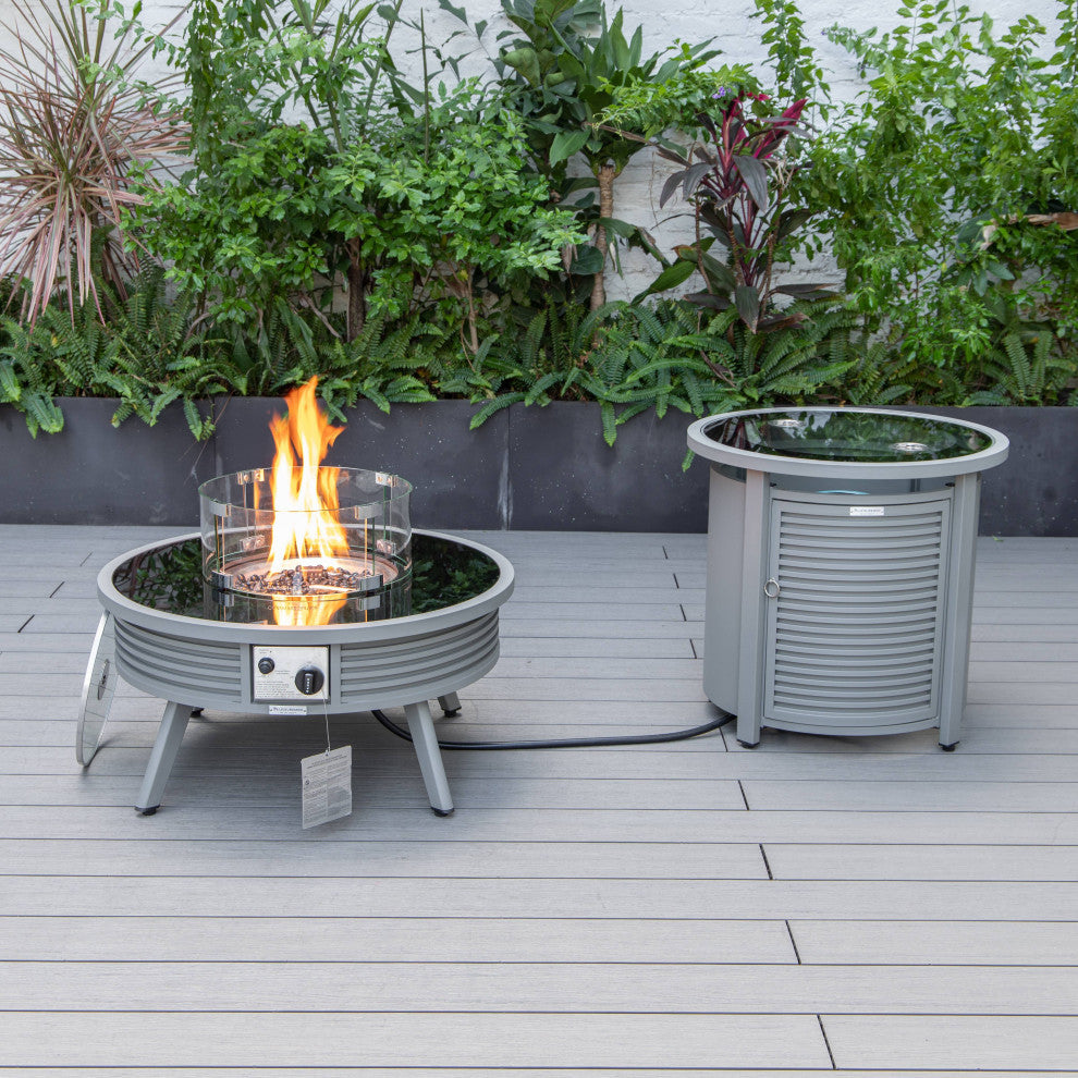 LeisureMod Walbrooke Patio Sofa Set With Round Fire Pit Table, Red