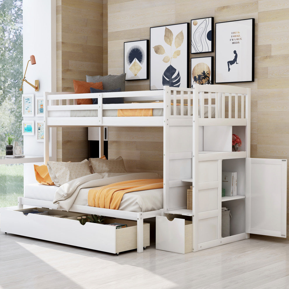 Twin over Full Bunk Bed with Storage Shelves and Drawers, White