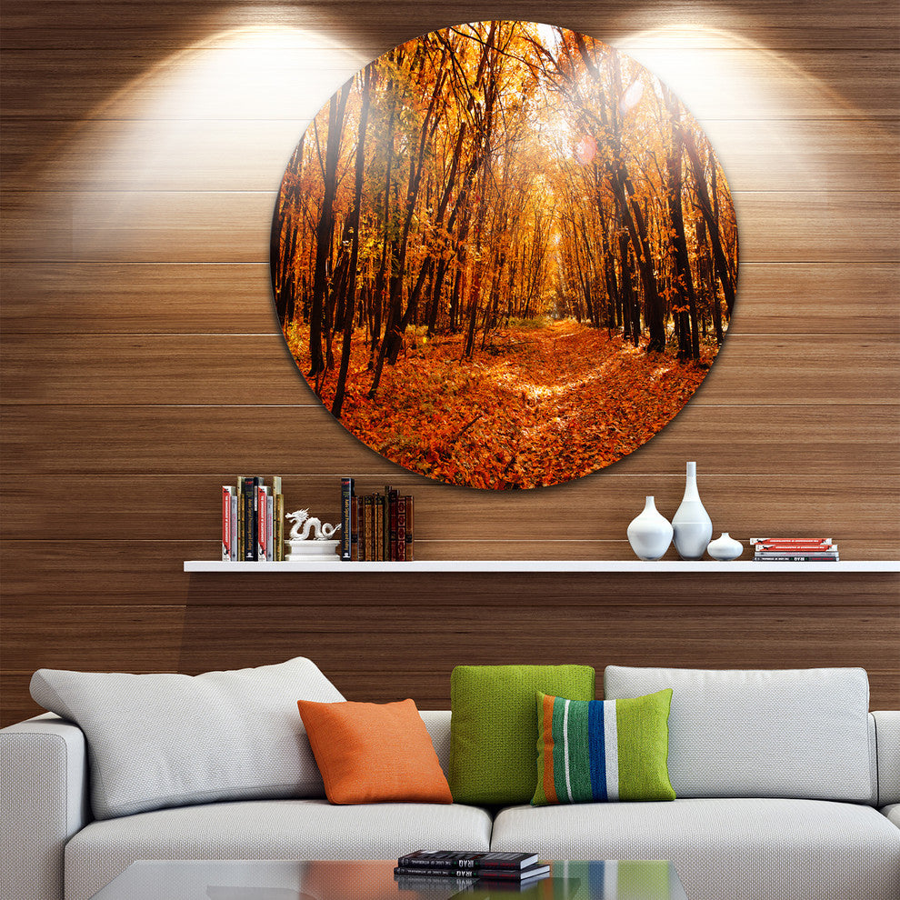 Yellow Falling Leaves In Forest, Landscape Photo Disc Metal Art, 36"