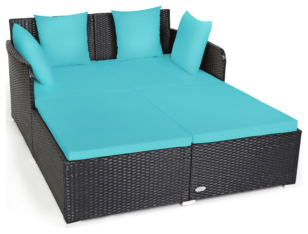 Costway Outdoor Patio Rattan Daybed Pillows Cushioned Sofa Furniture Turquoise