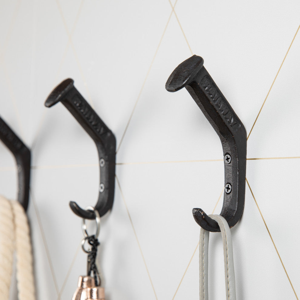 Black Cast Iron Railway Spike Wall Mount Hook Set, Set of 6
