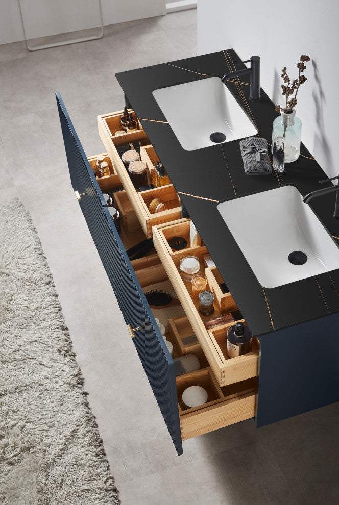 BARCELONA Wall Mount Modern Bathroom Vanity, Dark Blue, 60", Black Countertop