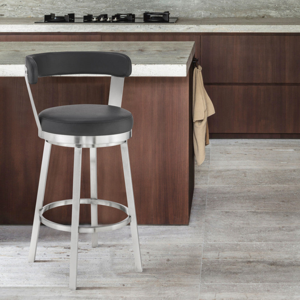30" Chic Black Faux Leather With Stainless Steel Finish Swivel Bar Stool