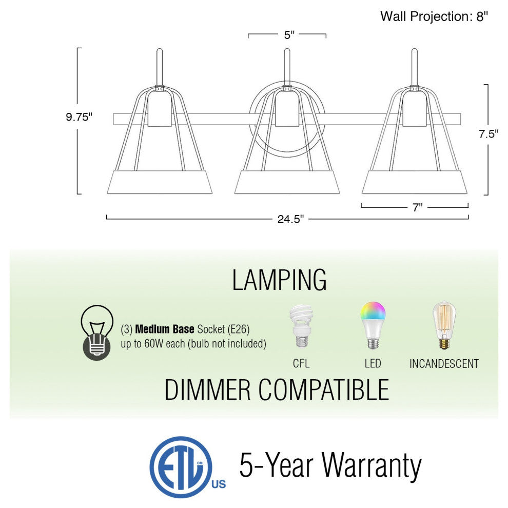 Kira Home Hayes 25" Farmhouse Metal Cage / Bathroom Light, Conic Metal Shades