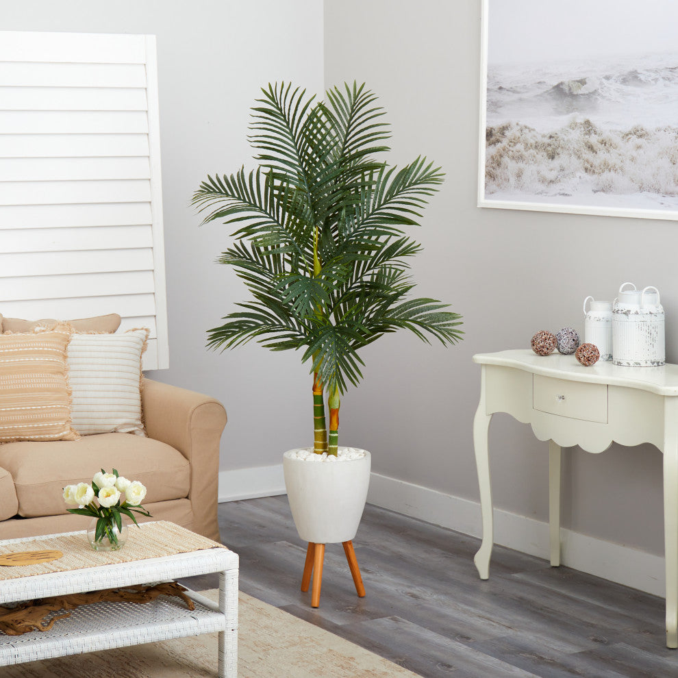 70" Golden Cane Artificial Palm Tree, White Planter With Stand