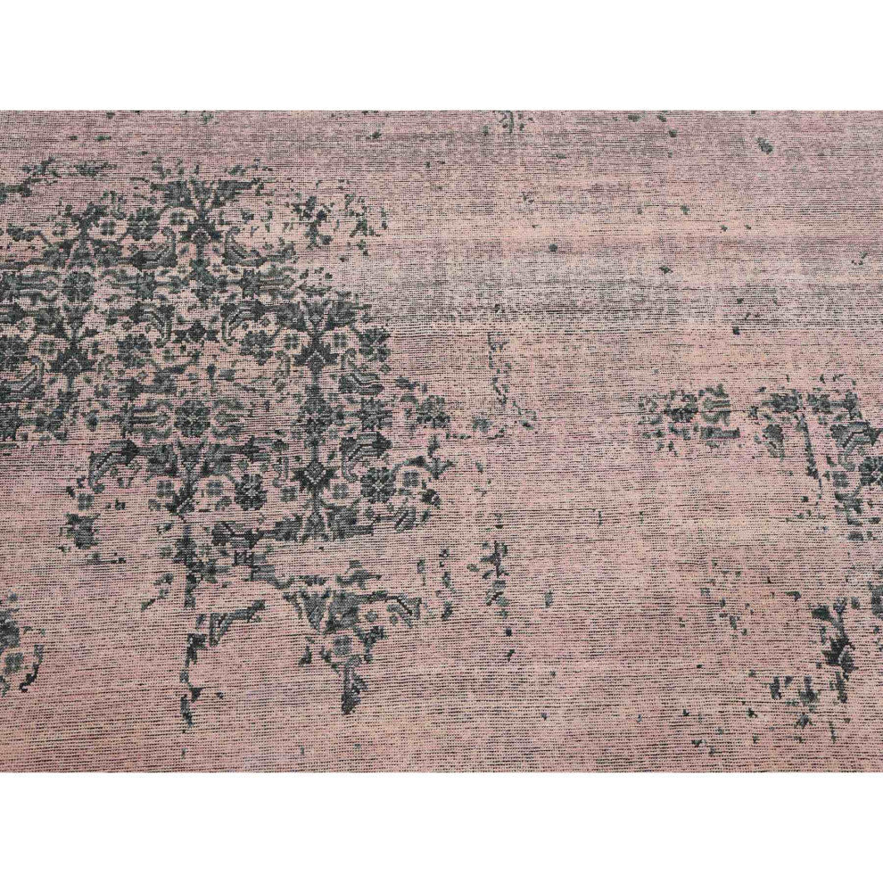 Pink and Gray, Hand Knotted Erased Persian Design, Pure Silk Rug, 8'9"x12'2"