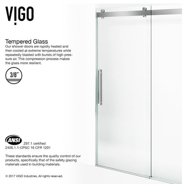 VIGO Caspian 59" to 61" W x 74" H Frameless Sliding Shower Door, Chrome, Clear Glass