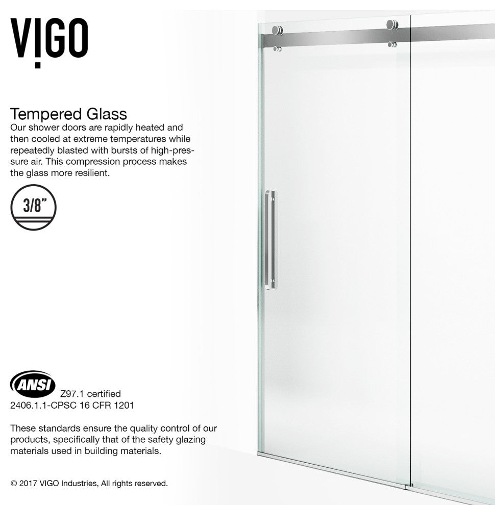 VIGO Caspian 59" to 61" W x 74" H Frameless Sliding Shower Door, Chrome, Clear Glass