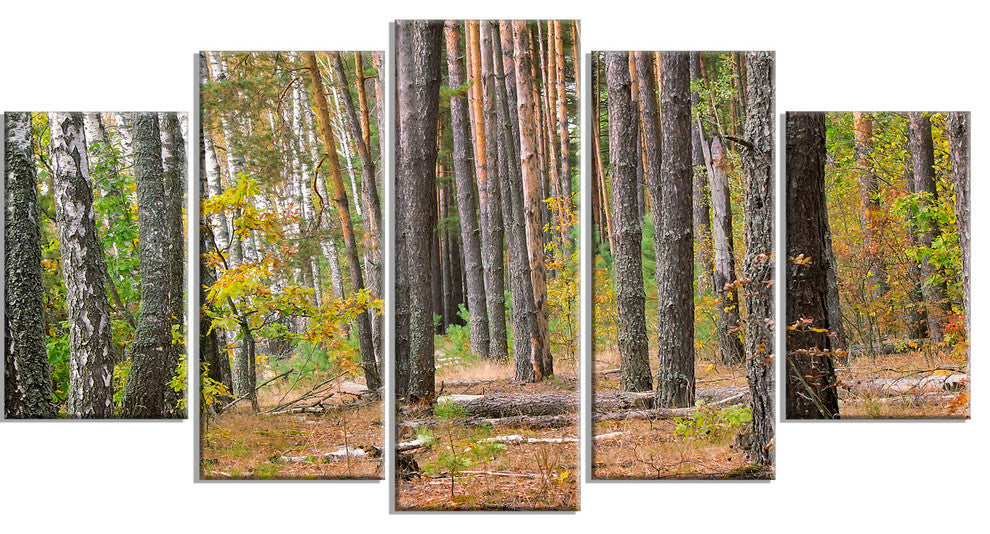 Green Fall Forest with Thick Woods, Modern Forest Canvas Art, 60"x32", 5 Panels