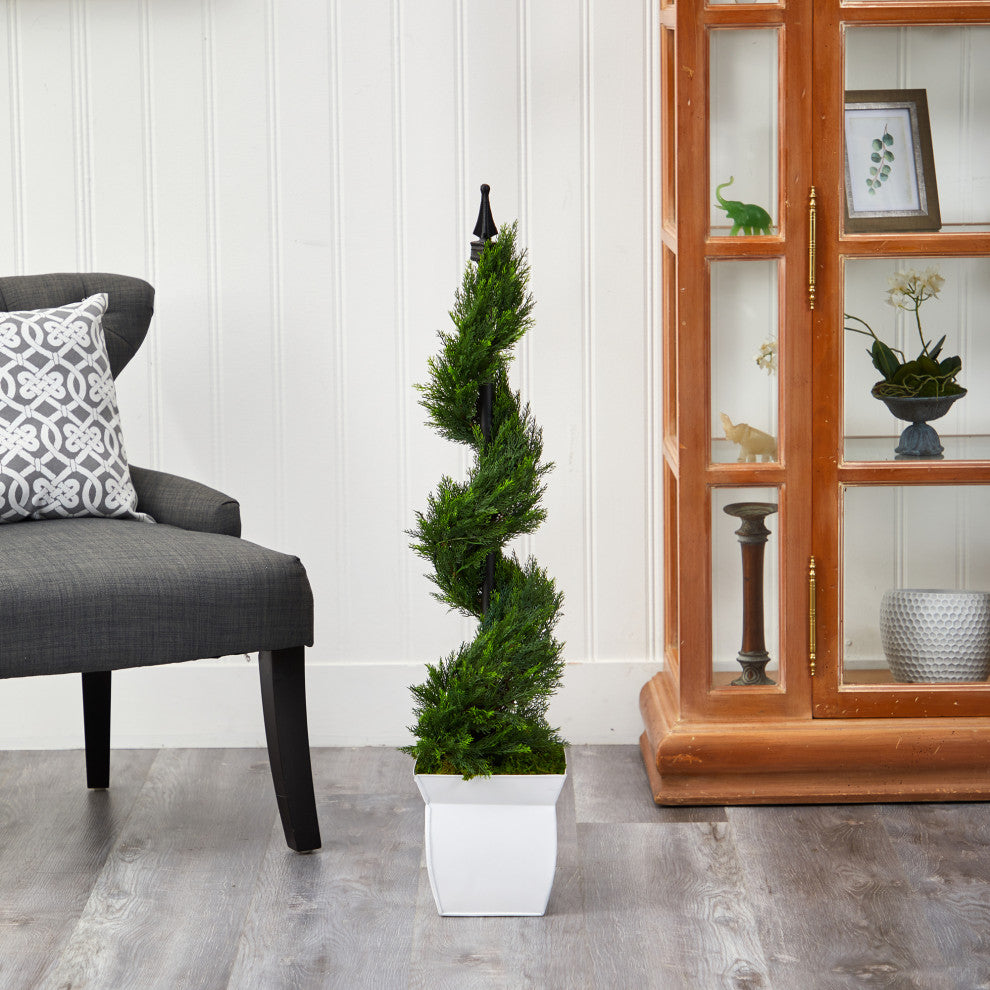 4' Cypress Spiral Topiary Artificial Tree, White Metal Planter