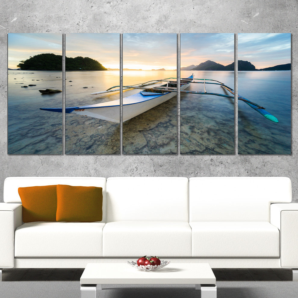 Boat Docked at Beautiful Sunset, Seashore Canvas Print, 60"x28", 5 Panels