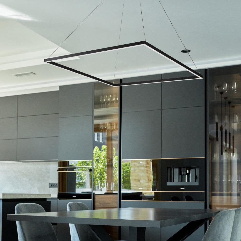 39" Atria LED Square Chandelier, Adjustable Suspension Fixture, Black