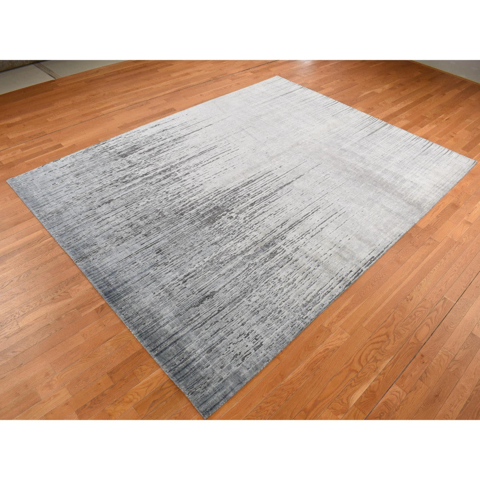 Medium Gray, Vertical Ombre Design, Pure Silk, Hand Knotted, Rug, 9'x11'10"
