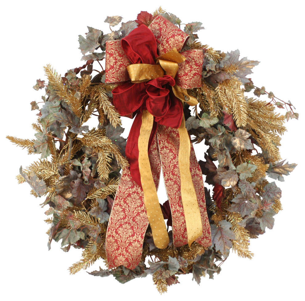 Frosted Grape Leaf Wreath with Gold Glitter Garland and Ribbon