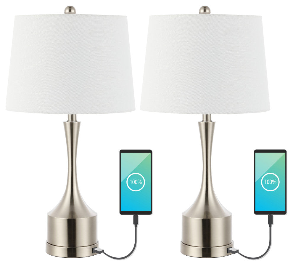 Cooper 26" French Country Iron Table Lamp, USB Charging, Set of 2, Nickel