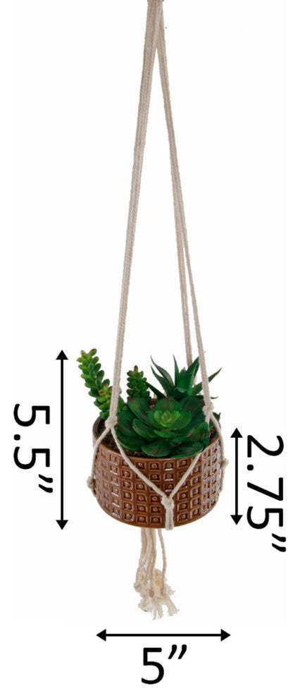 4.5" Faux Succulents Garden Macrame Brown Hanging Ceramic Planter