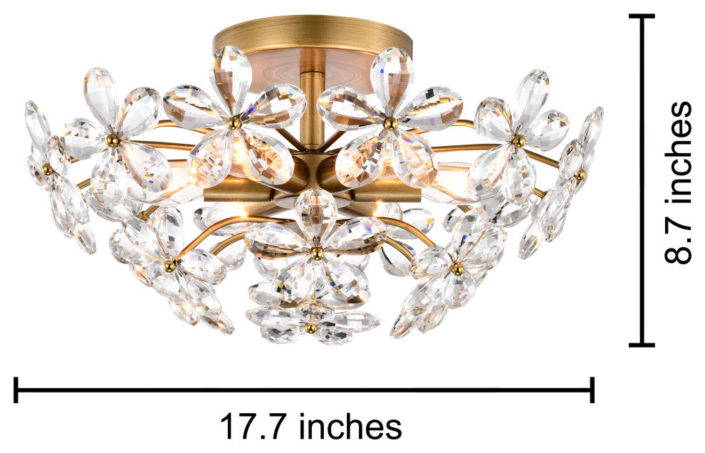 Grace 6-Light Crystal Glass Flower Flush Mount, Brushed Brass Finish