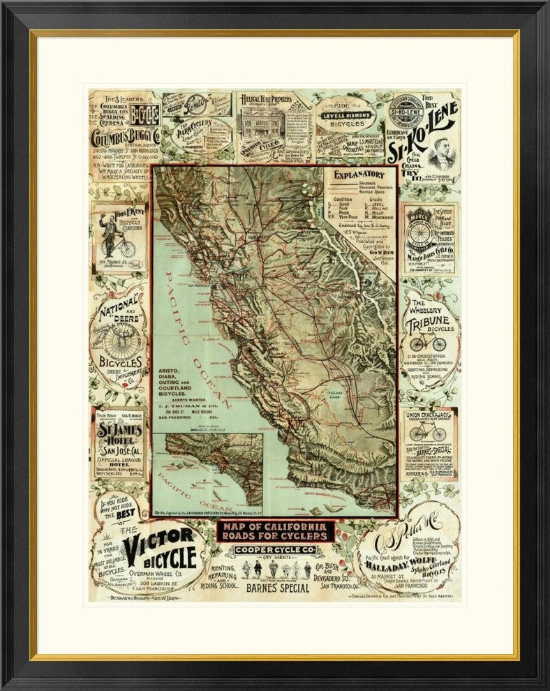 "Map of California Roads for Cyclers, 1896"  by George W. Blum, 32x40"