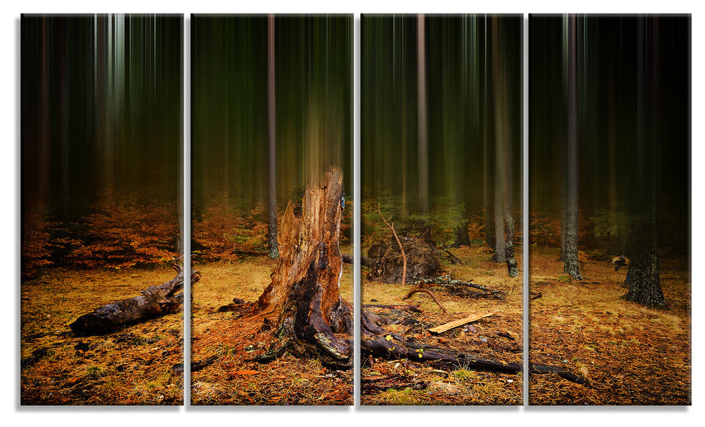 Dark Fall Forest on Foggy Morning, Landscape Canvas Art Print, 48"x28", 4 Panels