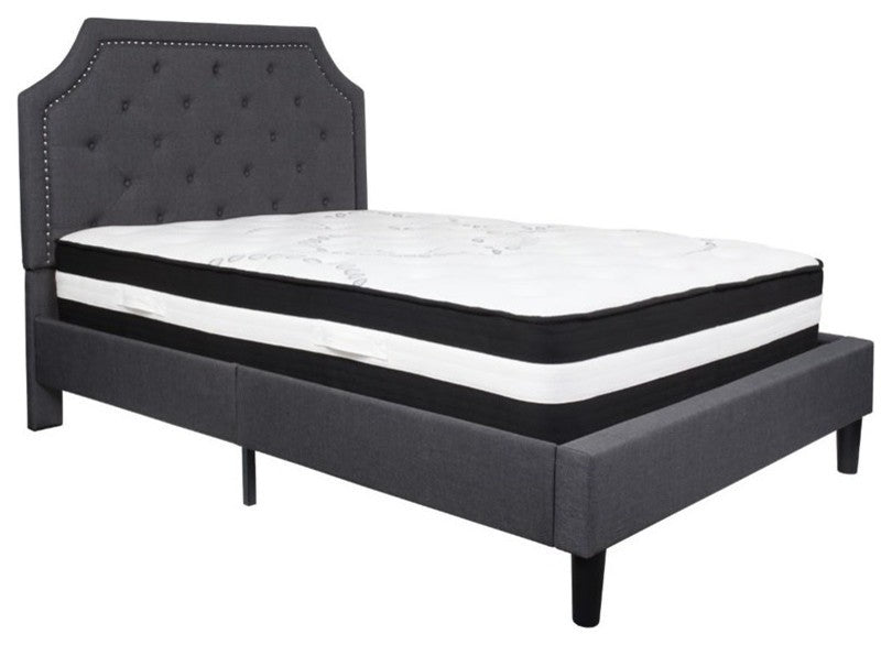 Full Size Tufted Platform Bed-Dk Gray Fabric With Pocket Spring Mattress