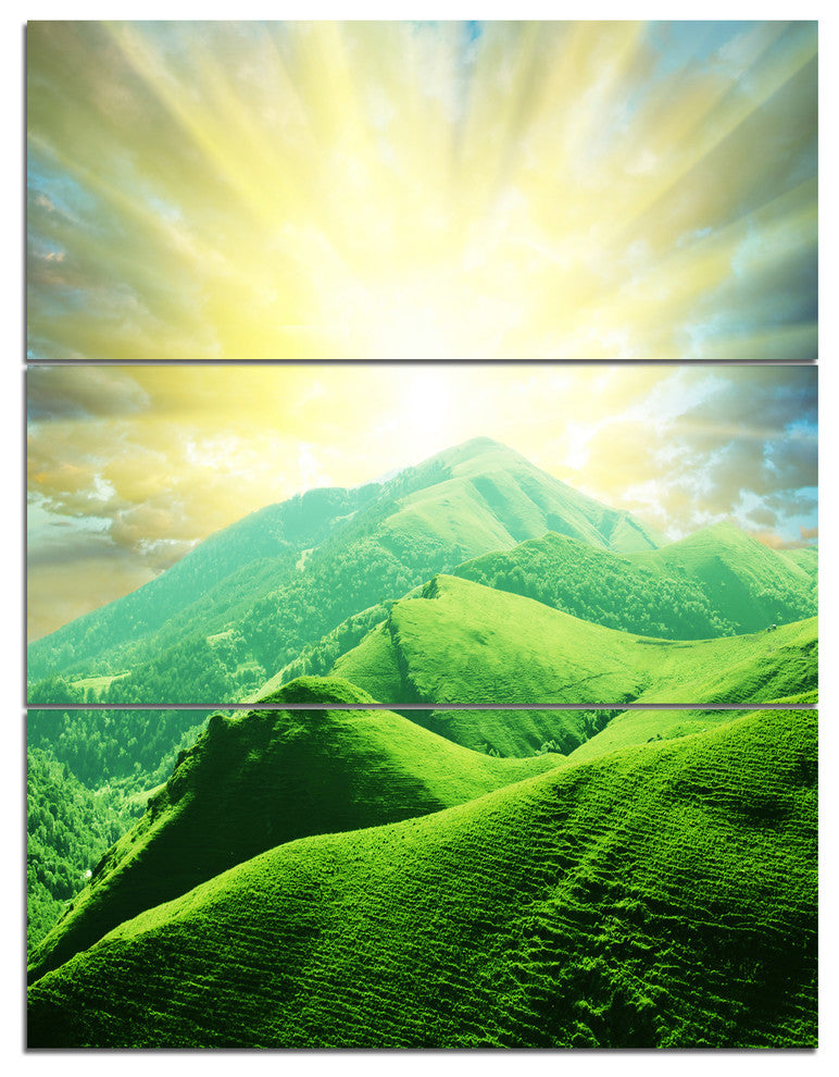 Green Mountains under Sun, Landscape Triptych Canvas Art Print, 28x36, 3 Panels