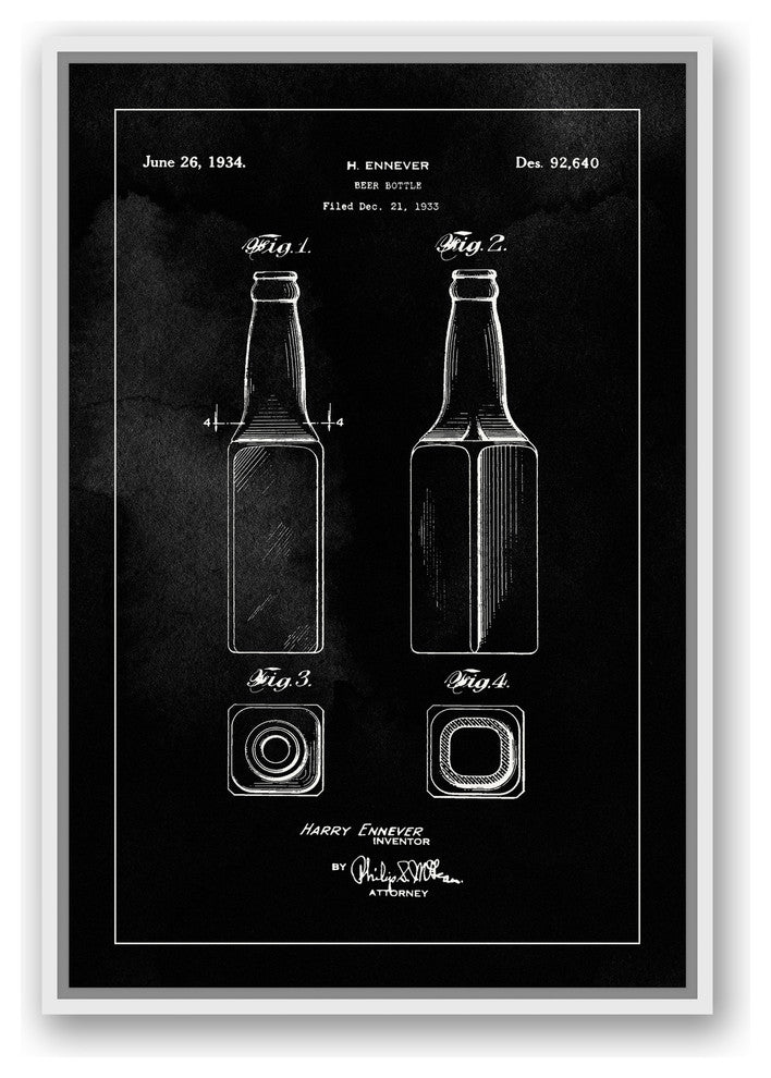 Beer Bottle Patent 1934 20x30 Black Floating Framed Canvas