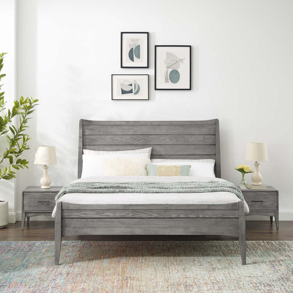 Platform Bed Nightstand Set, King Size, Wood, Gray, Modern Farmhouse