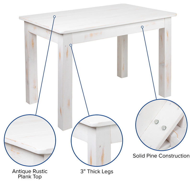 46" x 30" Rectangular Antique Rustic White Solid Pine Farm Dining Table