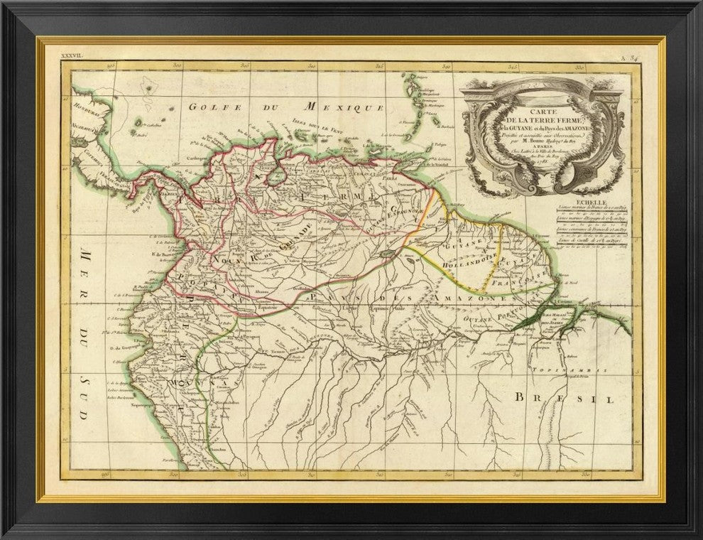 "Terre Ferme, Guyane, Amazones, 1785"  by Rigobert Bonne, 34x26"
