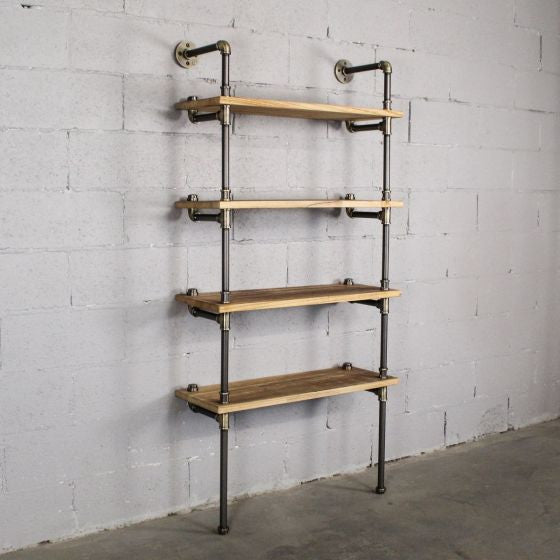 Sacramento Industrial 33" 4-Tier Bookcase, Brushed Brass Gray Steel/Natural Wood