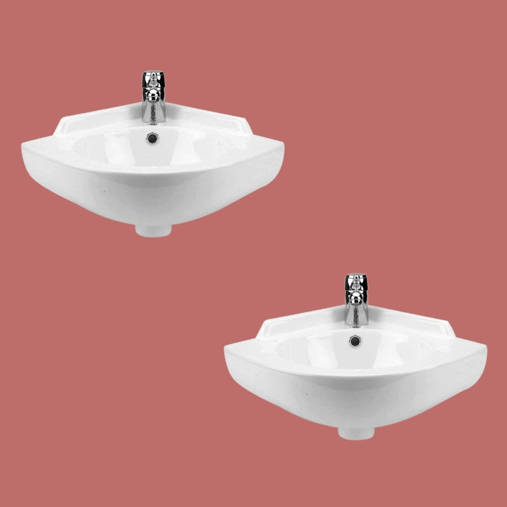 Small Corner Wall Mount Sink Bathroom White Ceramic Bowl with Overflow Pack of 2