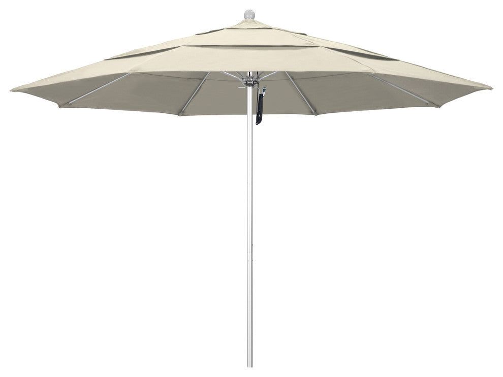 11' Silver Anodized Pulley Lift Fiberglass Rib Aluminum Umbrella, Olefin, Antique Beige