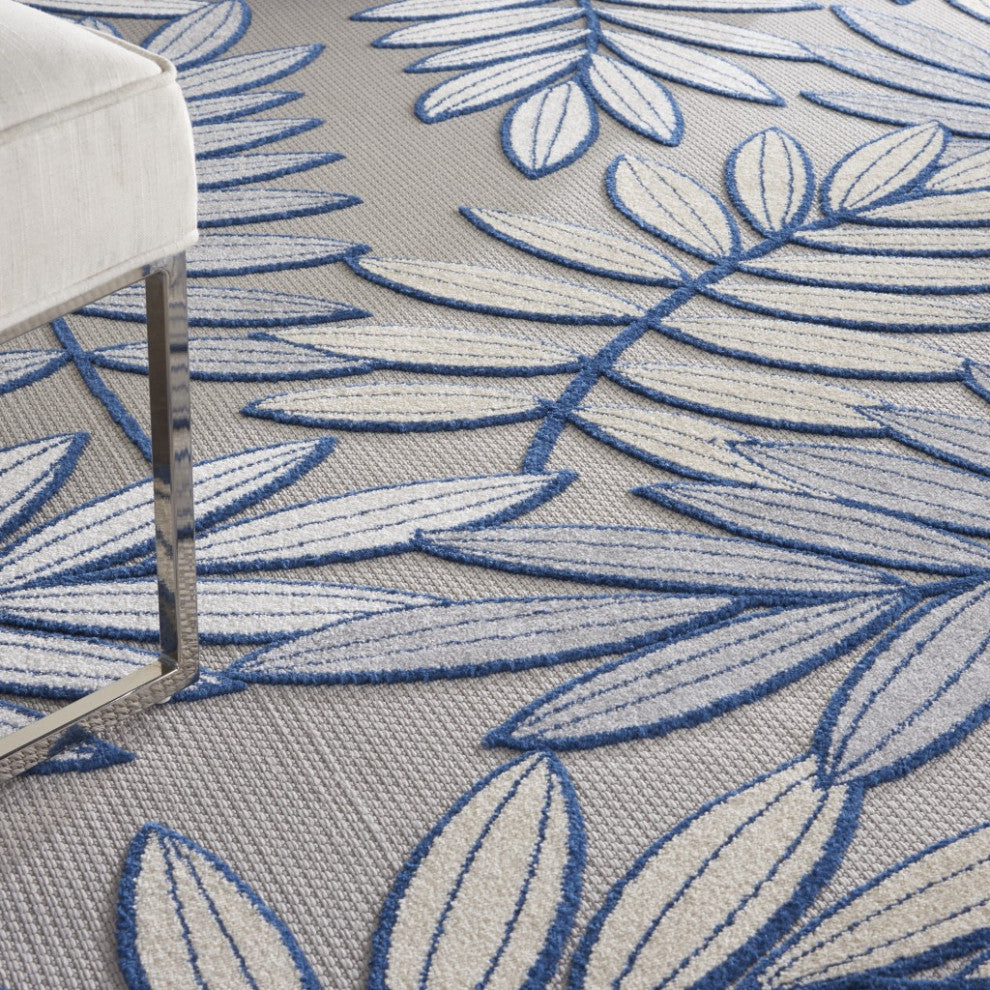 8 x 11' Ivory and Navy Leaves Indoor Outdoor Area Rug