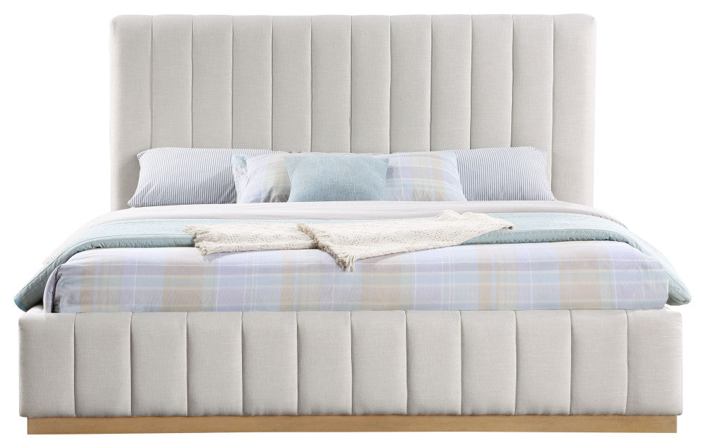 Lucia Beige Linen Textured Fabric Full Bed, Cream, King, Natural Finish