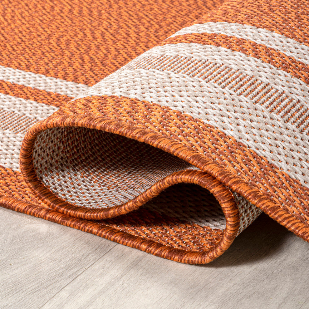 James Modern Border Stripe Indoor/Outdoor Area Rug, Orange/Cream, 8x10
