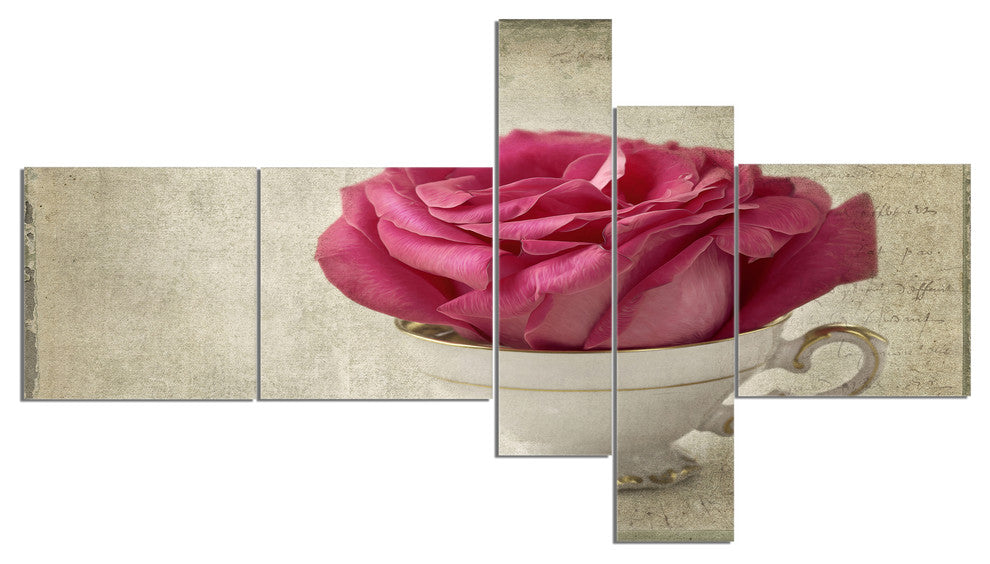 Red Rose in Cup Photography, Floral Canvas Art Print, 60"x32", 5 panels