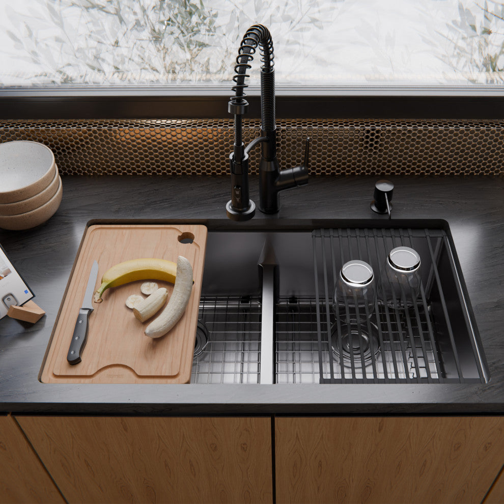 Karran Undermount 33-in Stainless Steel Double Bowl Workstation Kitchen Sink