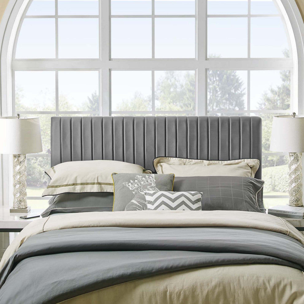 Contemporary Modern Full and Queen Size Headbaord, Velvet Fabric, Grey Gray
